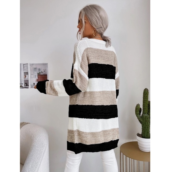 Colorblock Stripes Open Knit Cardigan Knee Length - Picture 3 of 8